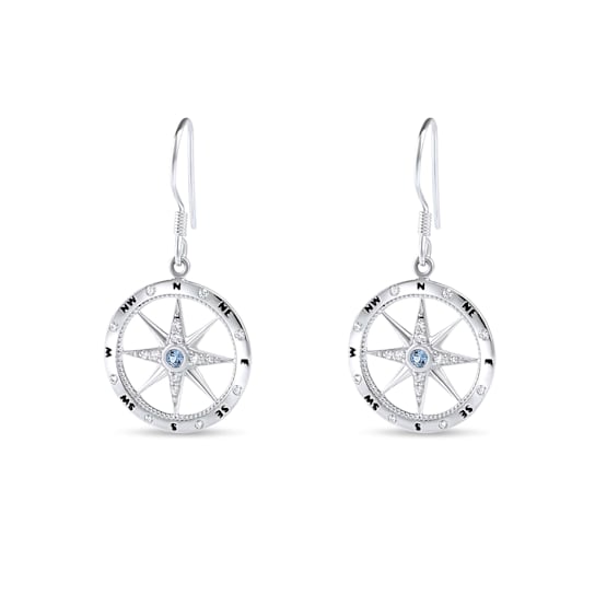 Sterling Silver Compass Dangle Earrings with Blue CZ Accents.
