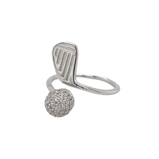 Rhodium over Sterling Silver Golf Club and Ball Ring with Crystal Accents.