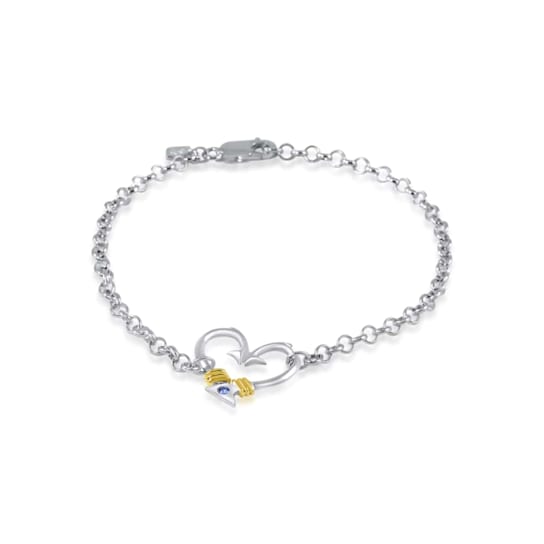 Sterling Silver Small Fishing Hook Heart Rolo Chain Bracelet with Blue
CZ Accent.
