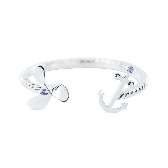 Sterling Silver Propeller-Anchor Cuff Bracelet with Blue CZ Accents.