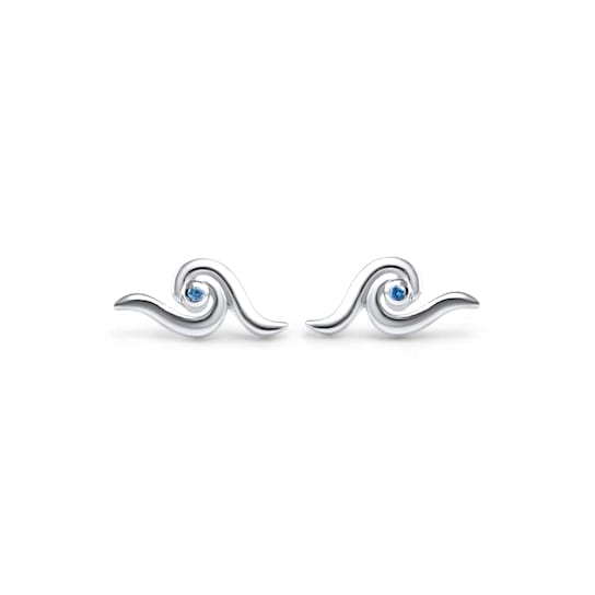 Sterling Silver Wave Stud Earrings with Blue CZ Accents.