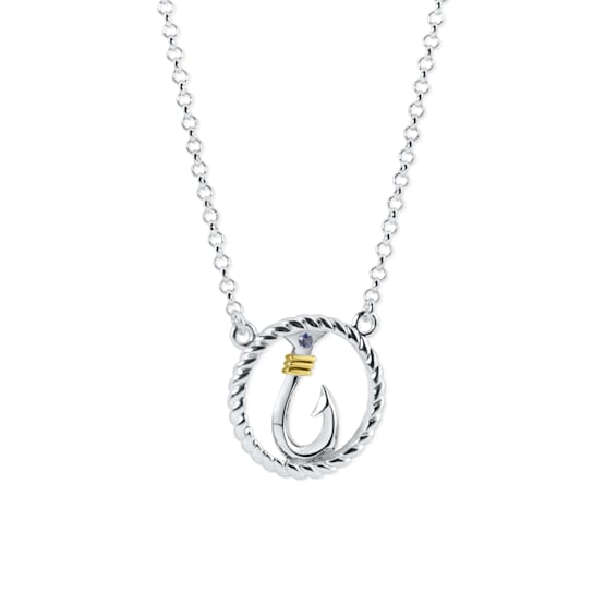 Sterling Silver Fishing Hook Circle Necklace with Rolo Chain and Blue CZ Accent.