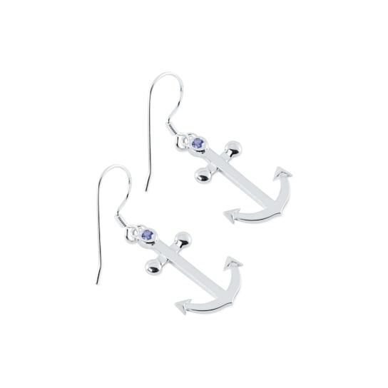 Sterling Silver Anchor Dangle Earrings with Blue CZ Accents.