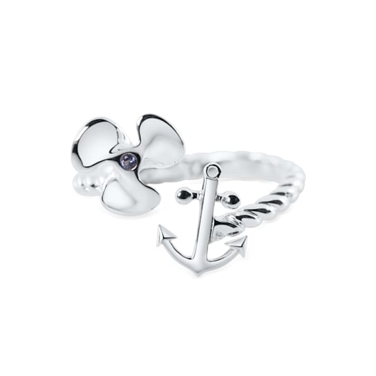 Sterling Silver Propeller-Anchor Ring with Rope Design and Blue CZ Accent.