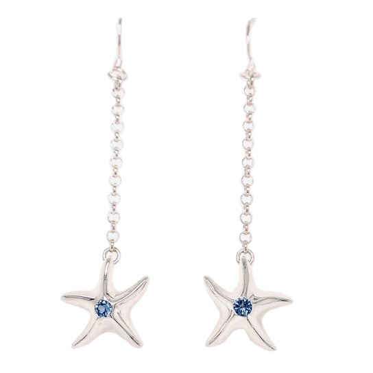 Sterling Silver Starfish Dangle Earrings with Blue CZ Accents.