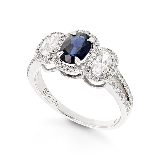 Oval Halo 3 Stone Semi with Sapphire Center 14K White Gold Ring