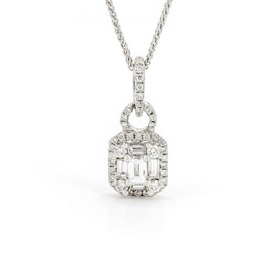 Round, Emerald and Baguette Diamond 14K White Gold Necklace