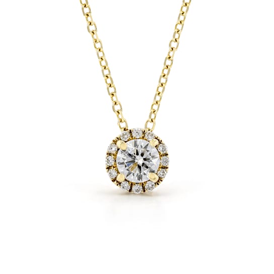 Round Halo with White Center 14K Yellow Gold Pendant with Chain