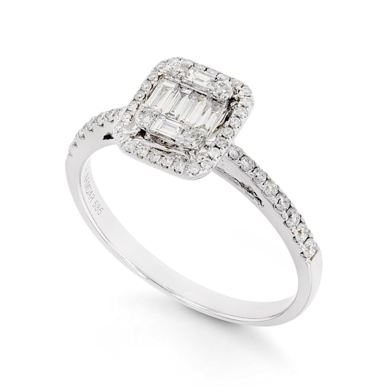 Round and Baguette Diamond Halo 14K White Gold Ring