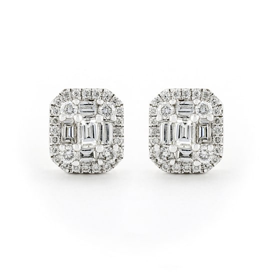 Round, Emerald & Baguette Cut Diamond Cluster 14K White Gold Earrings