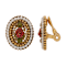 Gold Tone Faux Pearl Red Flower Oval Clip Earrings