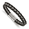 Black Leather and Stainless Steel Polished Flower Link 8.25-inch Bracelet