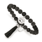 Stainless Steel Polished Crown with Tassel Black Jade Stretch Bracelet