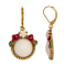 Gold Tone Faux Pearl Red Flower Round Leverback Earrings