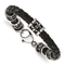 Stainless Steel Antiqued and Polished Fleur De Lis/Dragon Leather Bracelet