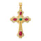 14k Yellow Gold Textured Ruby and Emerald Cabochon Cross Pendant