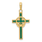 14K Yellow Gold Green Enamel Claddagh Cross Pendant