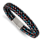 Stainless Steel Polished Black Leather with Multi-color Wire 8.25-inch Bracelet