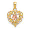 14K Two-tone Gold  Polished and Textured Flower in Fancy Border Heart Pendant