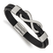 Black Leather and Stainless Steel Brushed and Polished Infinity Sign Bracelet
