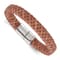 Brown Woven Leather and Stainless Steel Polished 8.25-inch Bracelet