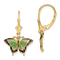14k Yellow Gold Butterfly with Green and Black Enameled Wings Dangle Earrings