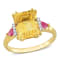 3 1/2 CTW Citrine, Ruby and Diamond 3-Stone Ring in 18K Yellow Gold
Plated Sterling Silver