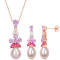 8.5-10MM Freshwater Cultured Pearl & Multigem Earrings &
Necklace Set in Rose Plated Sterling Silver