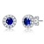 Sapphire Color CZ Halo Stud Earrings In White Rhodium Over Brass