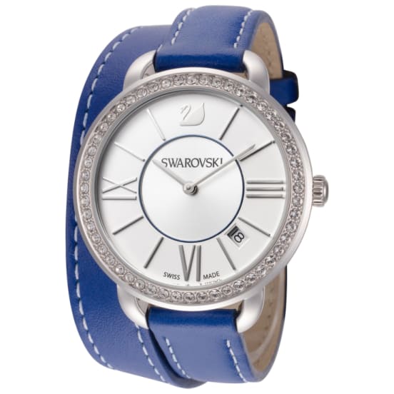 swarovski women's alia day double tour 37mm quartz white dial blue leather strap watch
