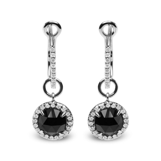 18k white gold round black onyx gemstone with round diamonds halo dangle hoop earrings