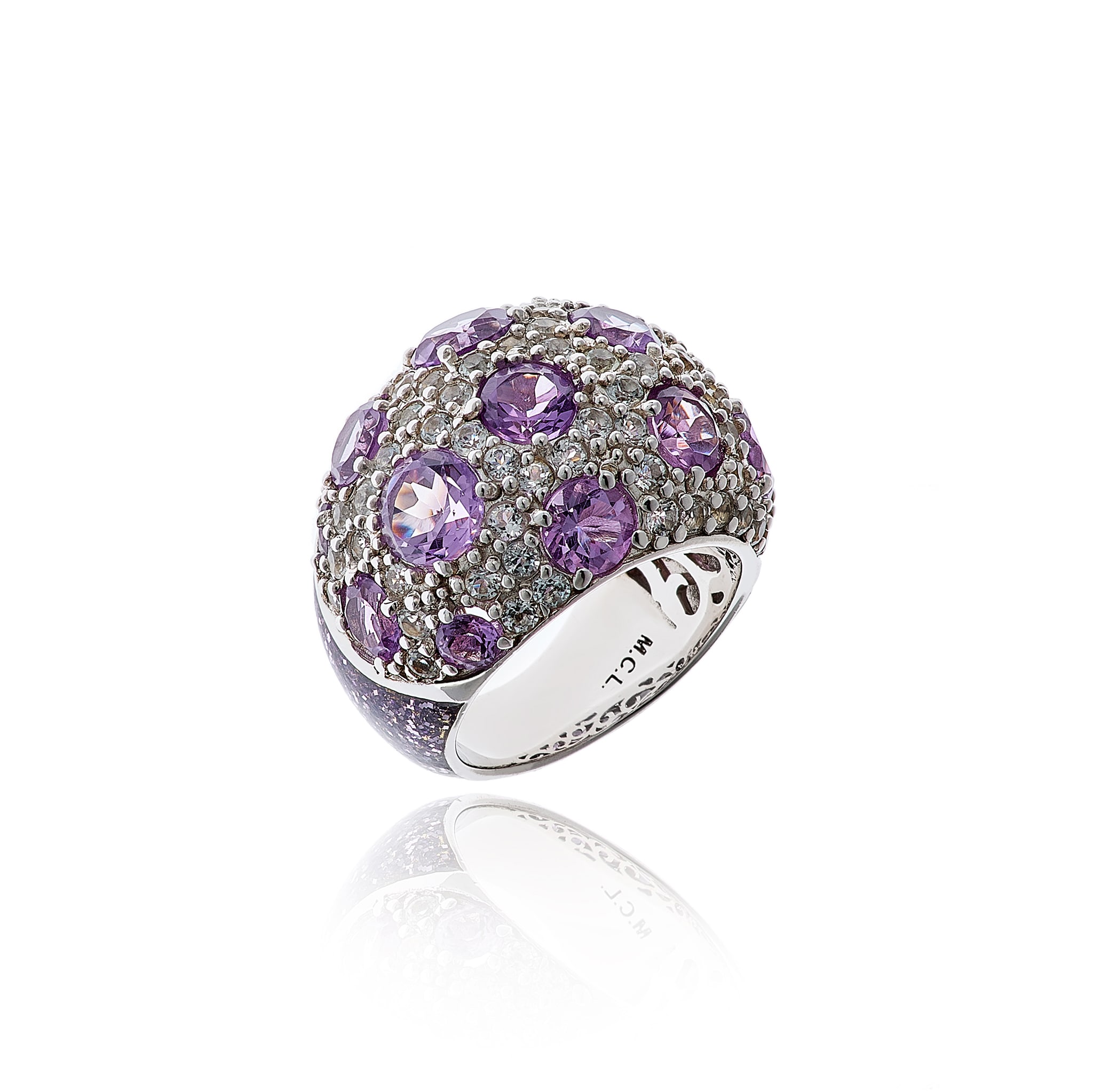 MCL Design White Rhodium Plated Sterling Silver Statement Ring with Light Purple Glitter Enamel, White Topaz & Amethysts