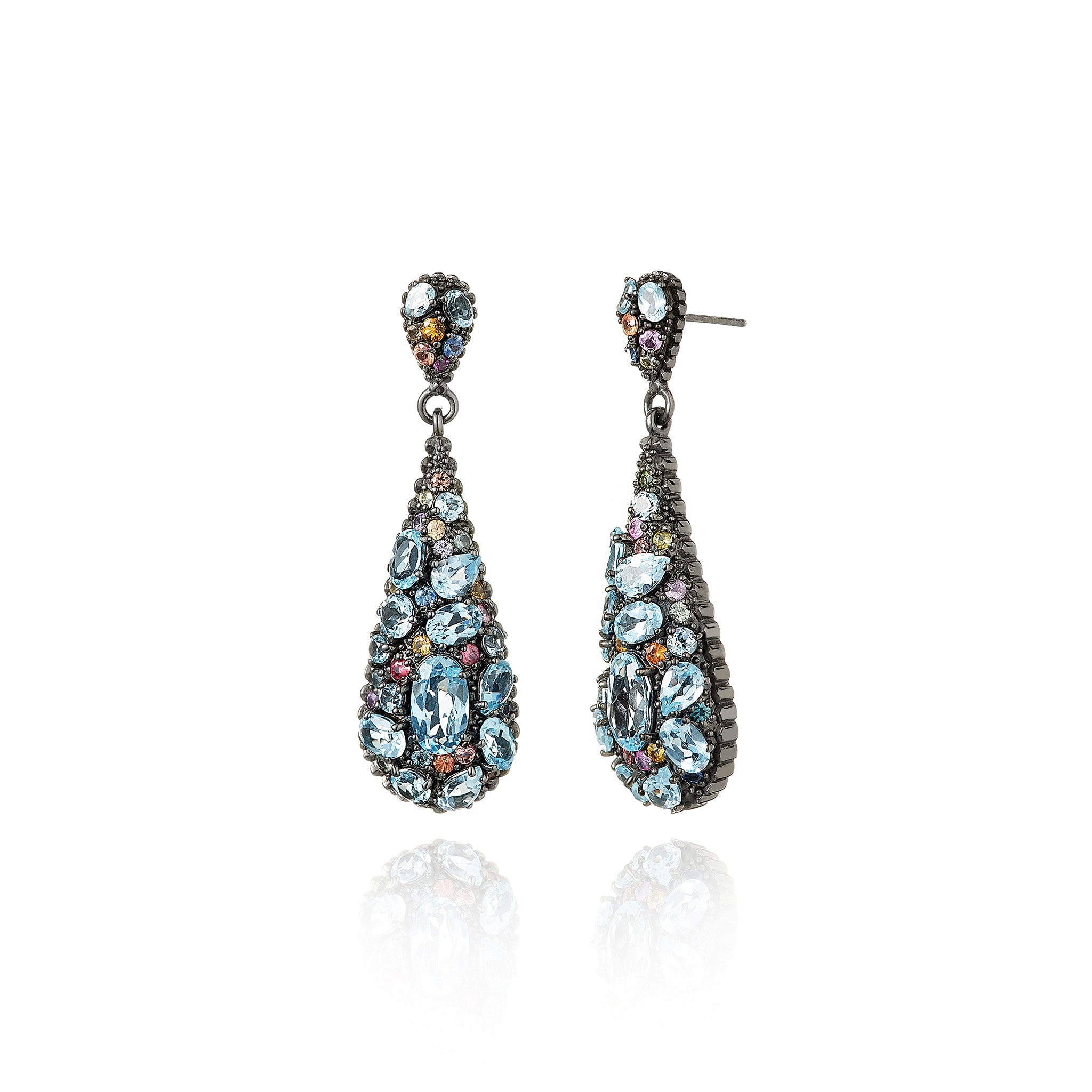 MCL Design Black Rhodium Plated Sterling Silver Statement Drop Earrings with Mixed Sapphires & Blue Topaz