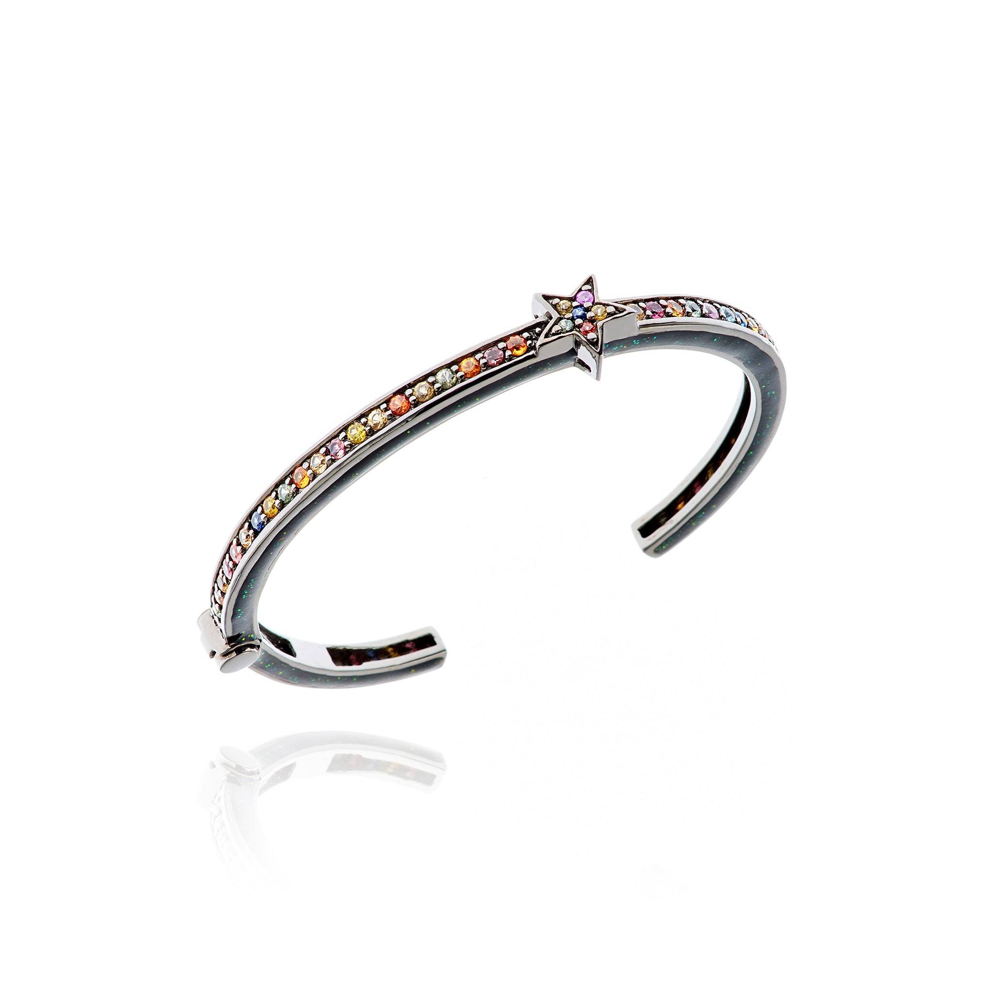 MCL Design Black Rhodium Plated Sterling Silver Star Statement Bracelet with Black Enamel & Mixed Sapphires