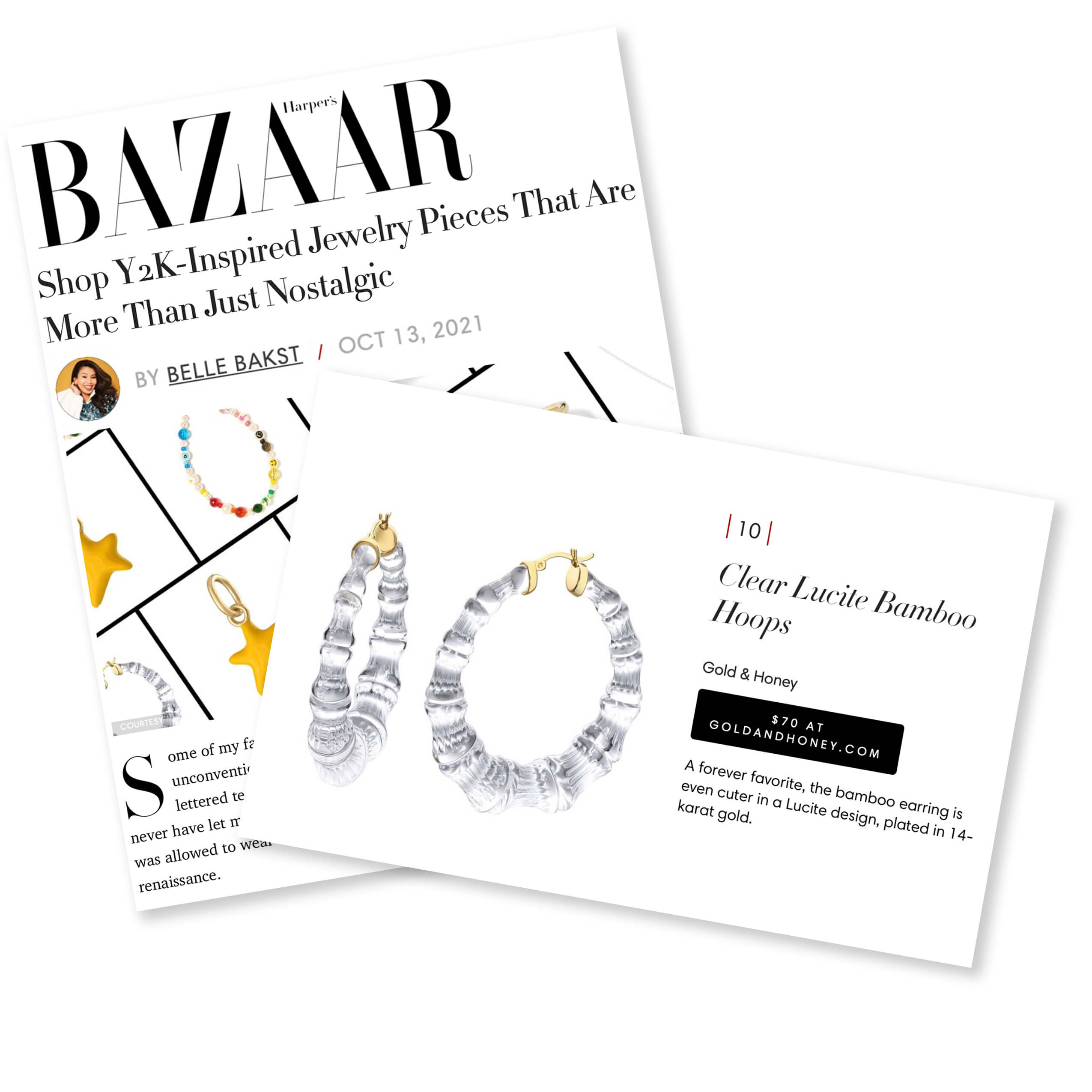 Our Clear Bamboo Hoops were featured in Harper's Bazaar as top must-have jewelry for 2021