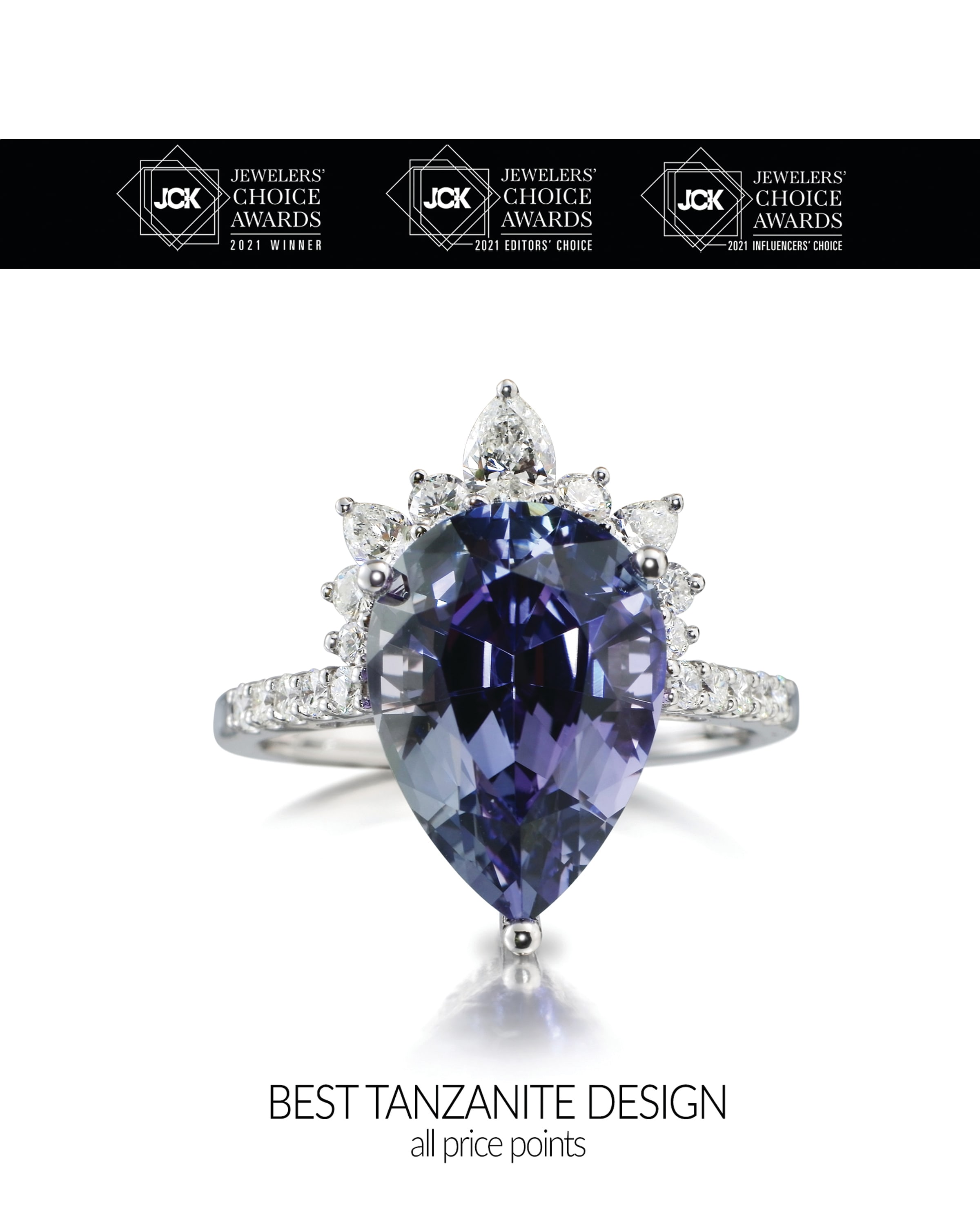 2021 JCK BEST TANZANITE JEWELRY - all price point  |
A colorful 6.37ct Peacock Tanzanite is the crowning center for this amazing ring. Meticulously handcrafted in 100% recycled 18kt white gold using responsibly sourced gemstones, and made in the USA.