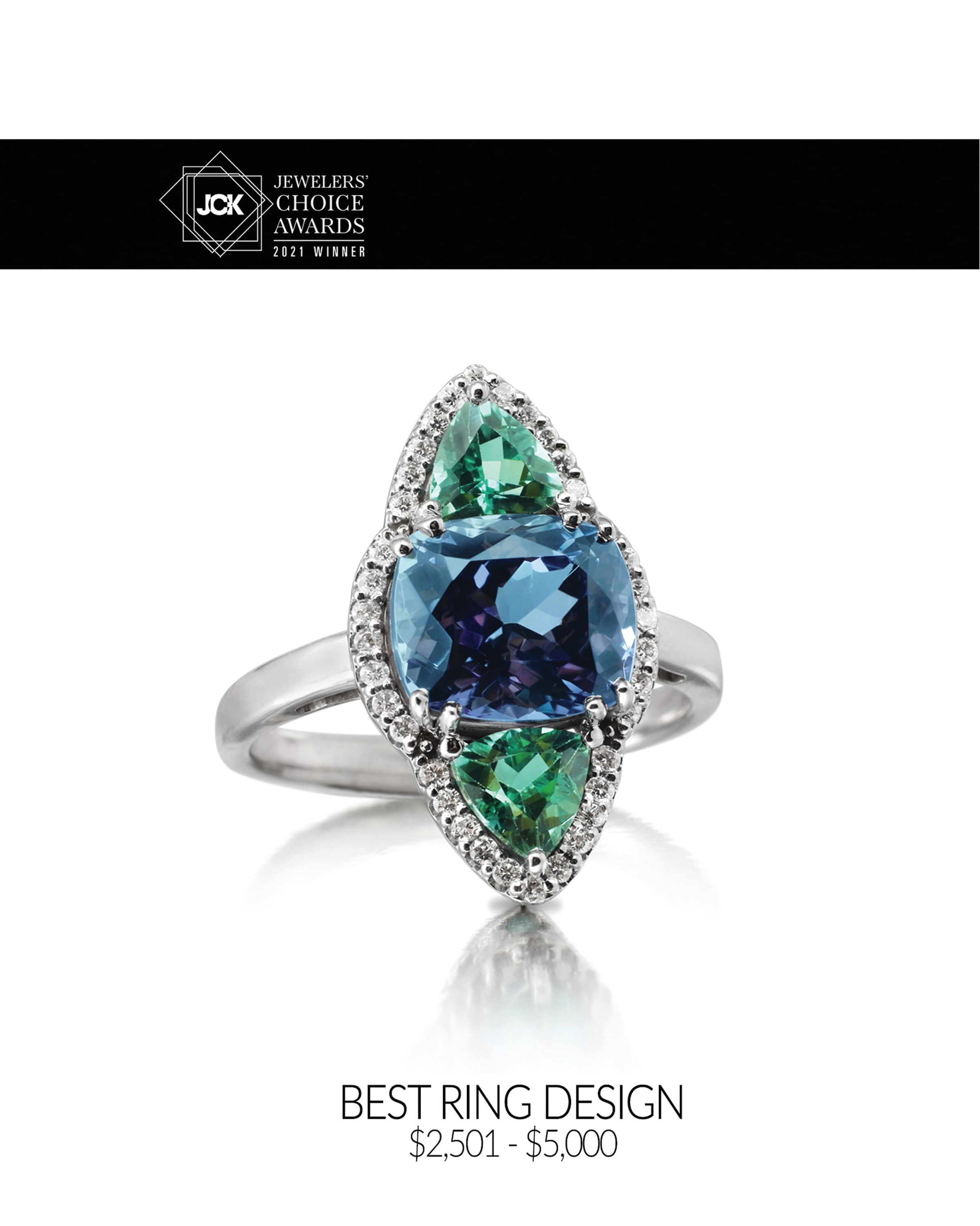 2021 JCK BEST RING DESIGN - $2,501 - $5,000  |
A unique 3.67ct Peacock Tanzanite is flanked by 1.08 ct tw complimentary Mint Tourmalines, all surrounded by 0.22 ct tw of brilliant diamonds. Handcrafted in 100% recycled 14 kt white gold and made in the USA using responsibly sourced gemstones.