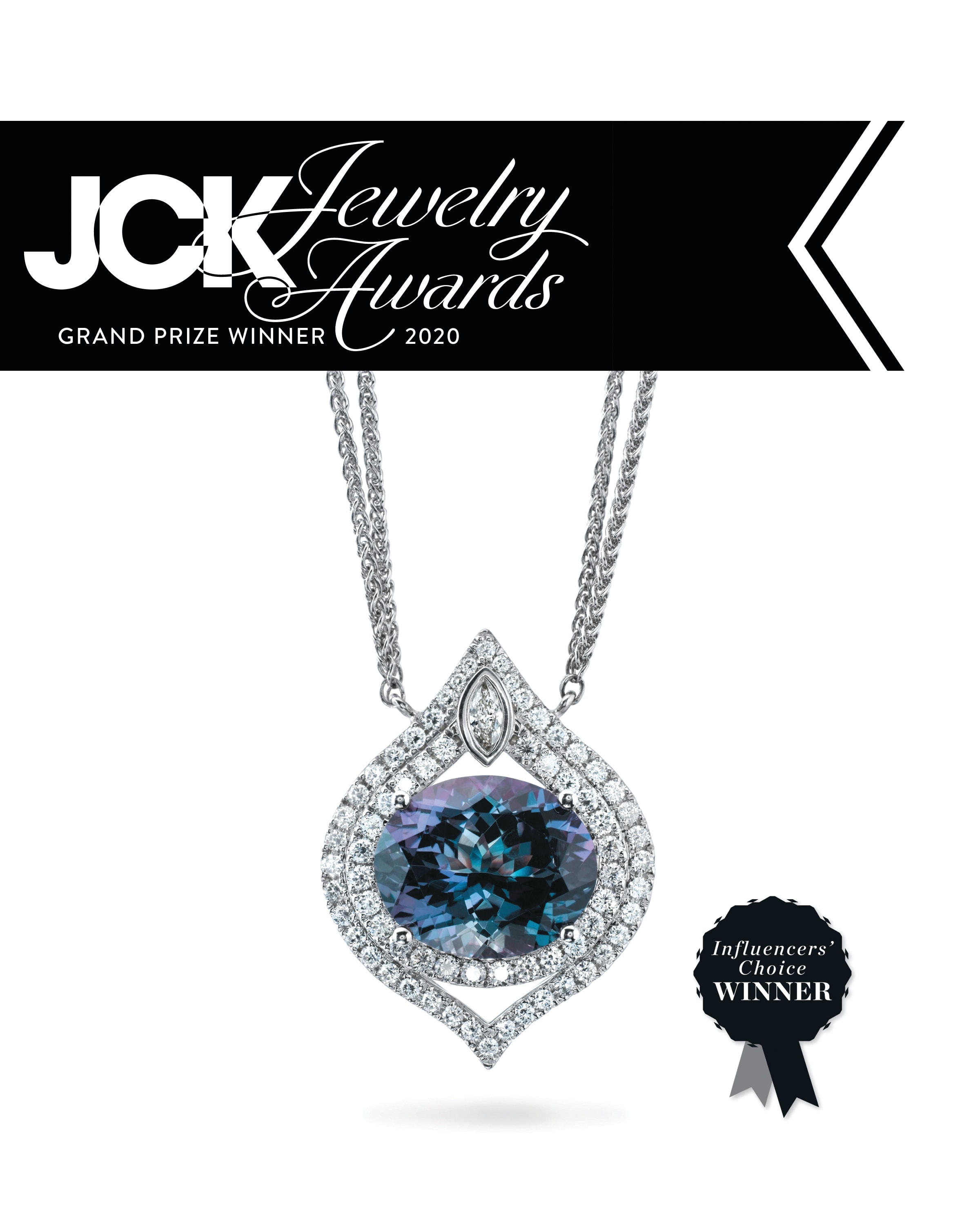 Tail Feather 14k white gold necklace with 6.59 ct. peacock tanzanite and 1 ct. t.w. diamonds receiving a Grand Prize and Influencers' Choice Award.