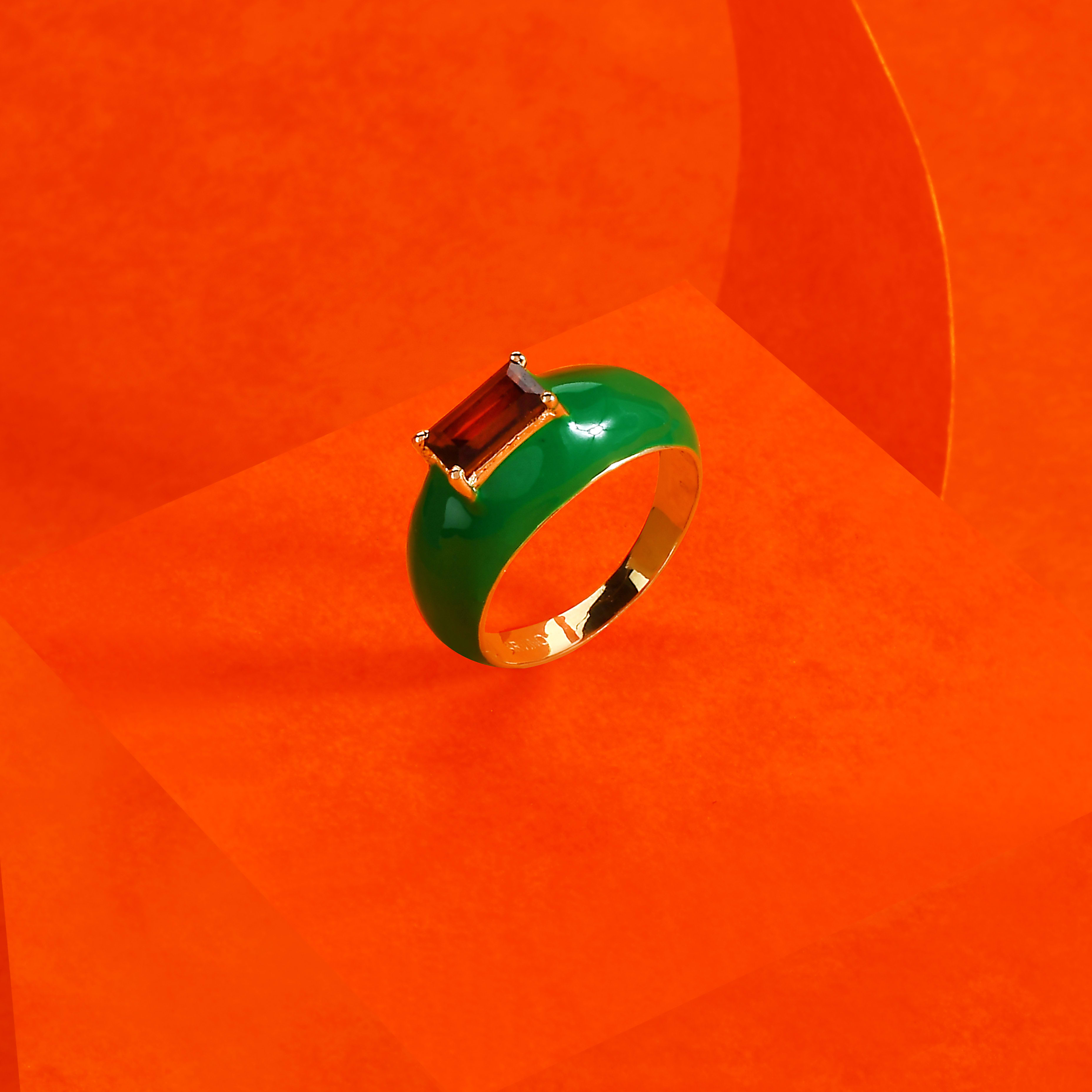Green Enamel Garnet Ring (18k PVD Gold Plated)