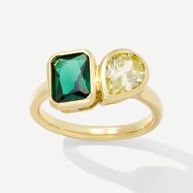 dark green stone and light green two stone ring in yellow gold