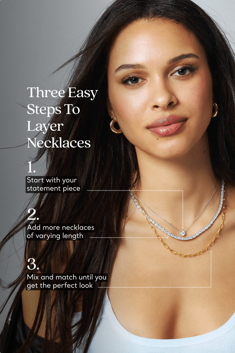 Woman wearing multiple layered necklaces demonstrating how to layer necklaces