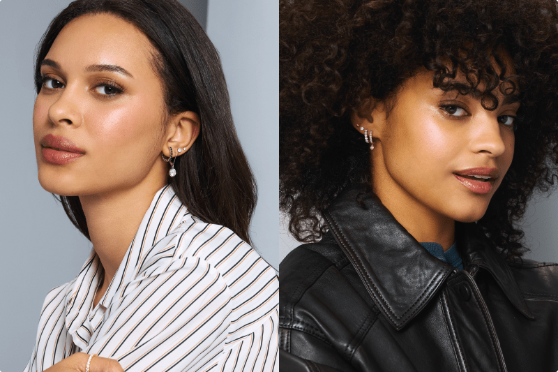 Two girls stacking earrings in different ways