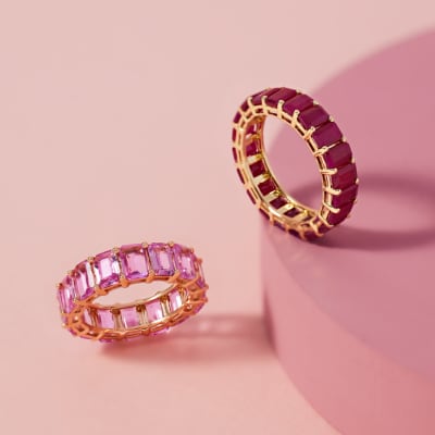 two pink gemstones eternity bands in gold 