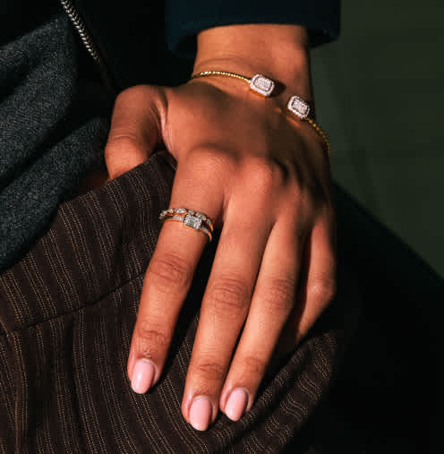 woman wearing lab grown diamond jewelry