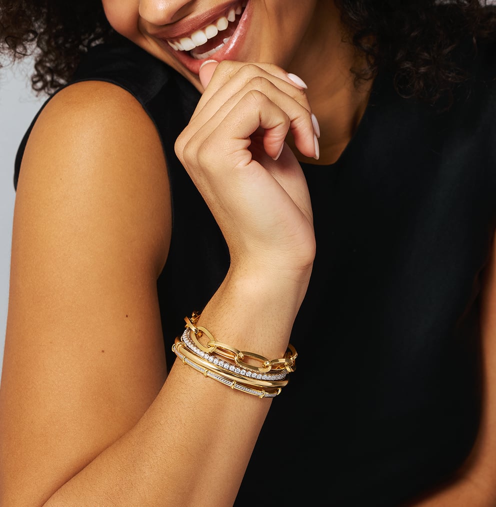 woman wearing bracelet stack