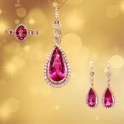 Pink tourmaline and diamond halo ring, earrings and pendant