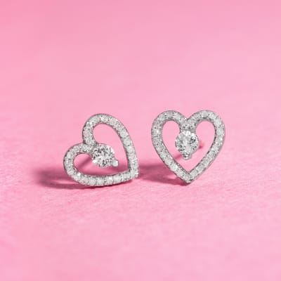 White topaz and diamond heart silver earrings 