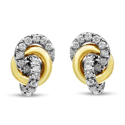 10K yellow and white gold diamond knot earrings 