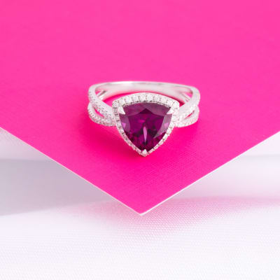 rhodolite trillion halo ring 