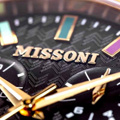 close-up of Missoni multi-color watch dial 